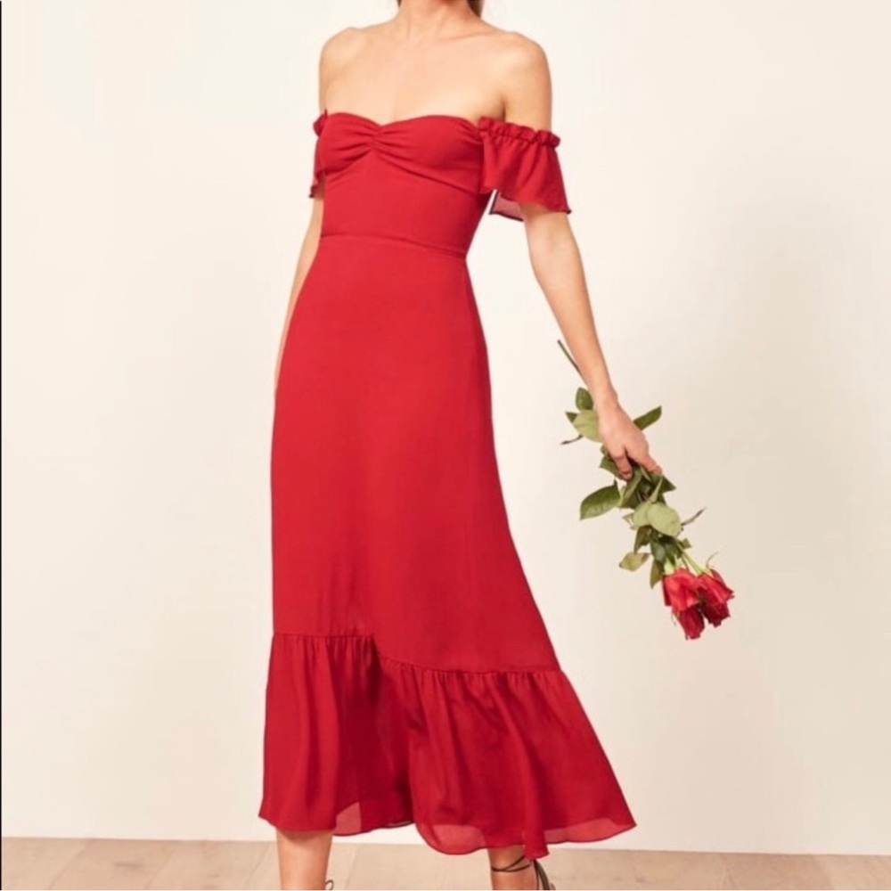 Reformation Red Off-Shoulder Butterfly Flutter Sleeve Midi Dress Size 0
